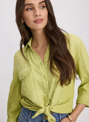 Linen-Blend Crosshatch Detail Blouse