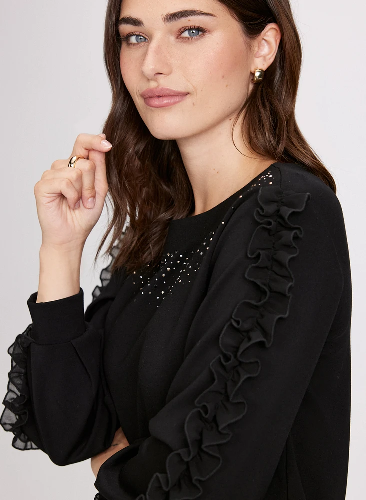 Ruffle Sleeve Rhinestone Embellished Top