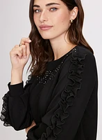 Ruffle Sleeve Rhinestone Embellished Top