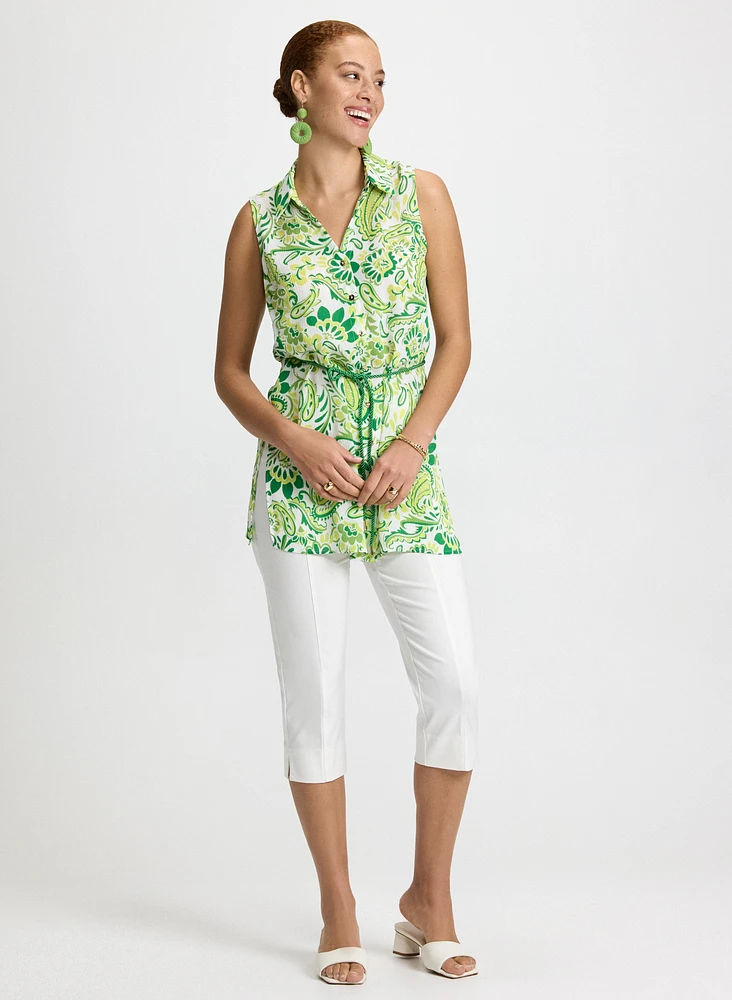 Sleeveless Paisley Button-Down Tunic