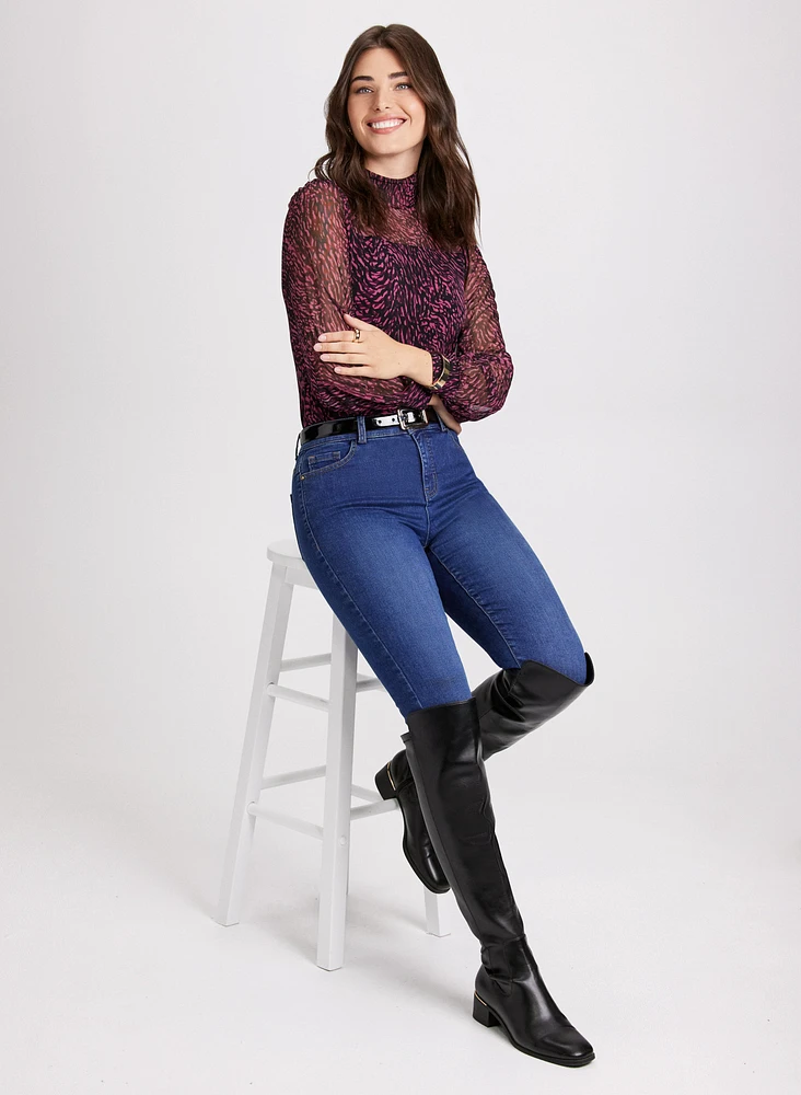 Animal Print Mesh Top & Slim Leg Jeans