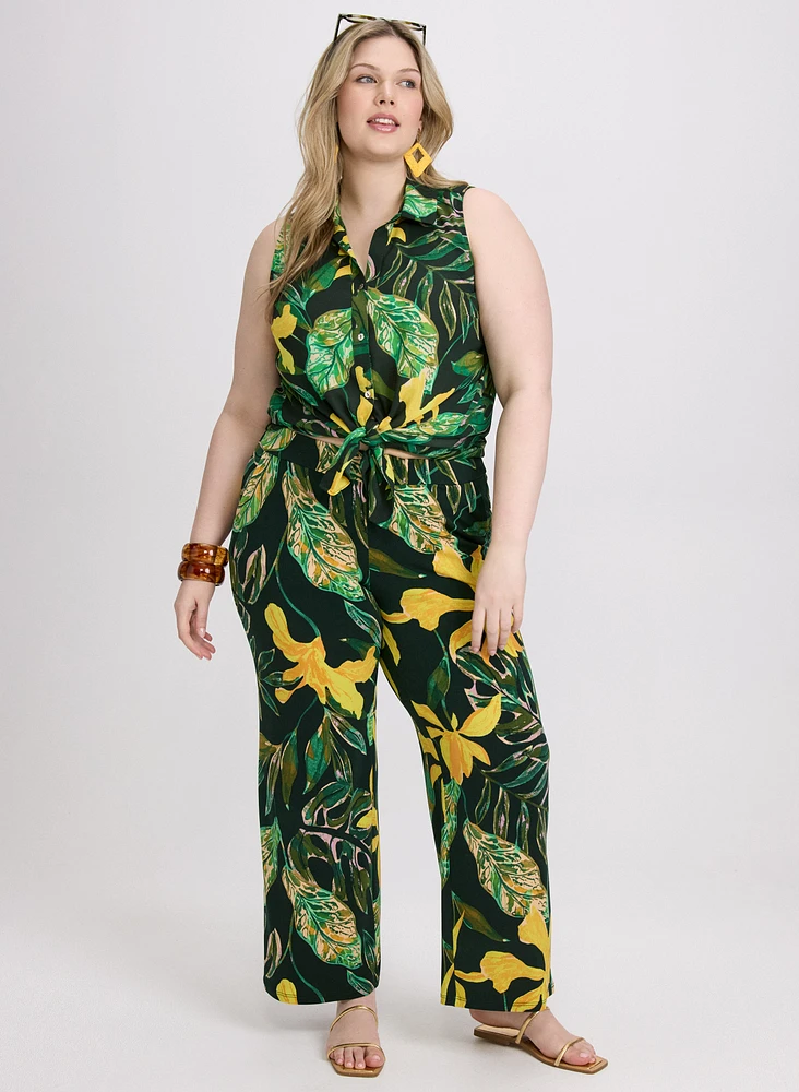 Palm Print Wide-Leg Pants