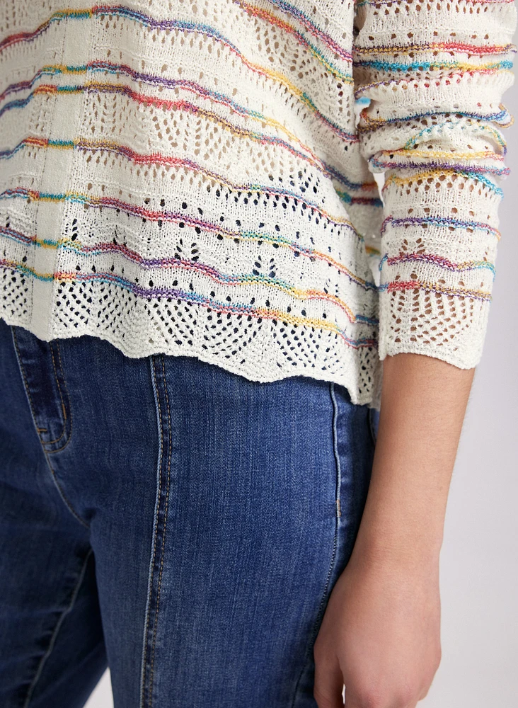 Multi-Striped Pointelle Knit Sweater