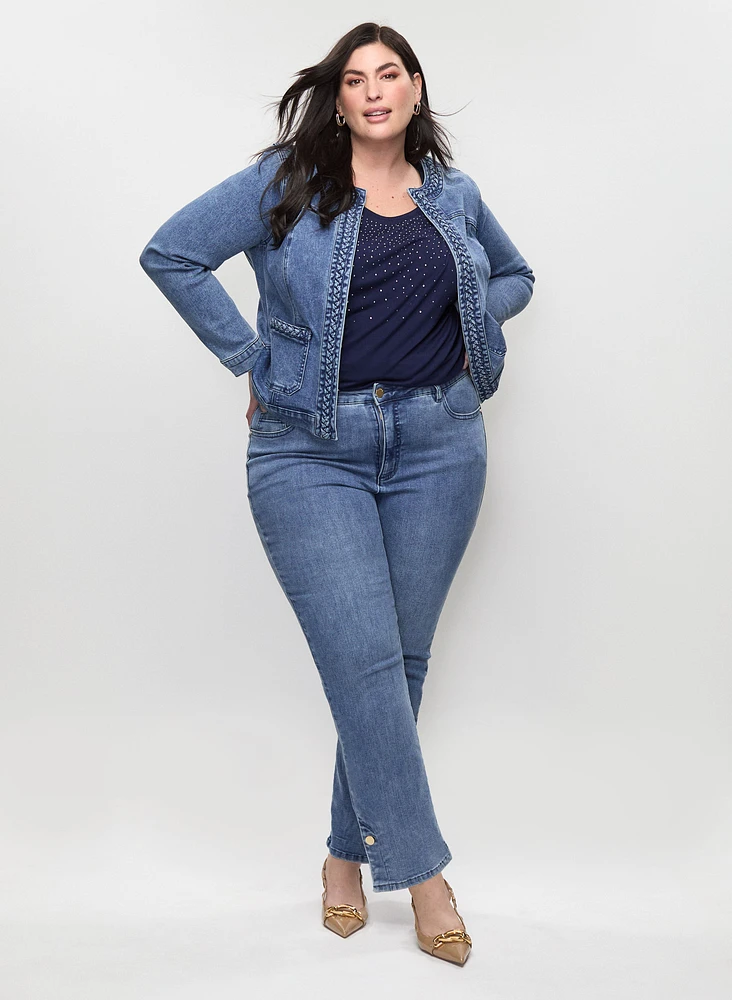 Braid Trim Denim Jacket & Slit Hem Straight Leg Jeans