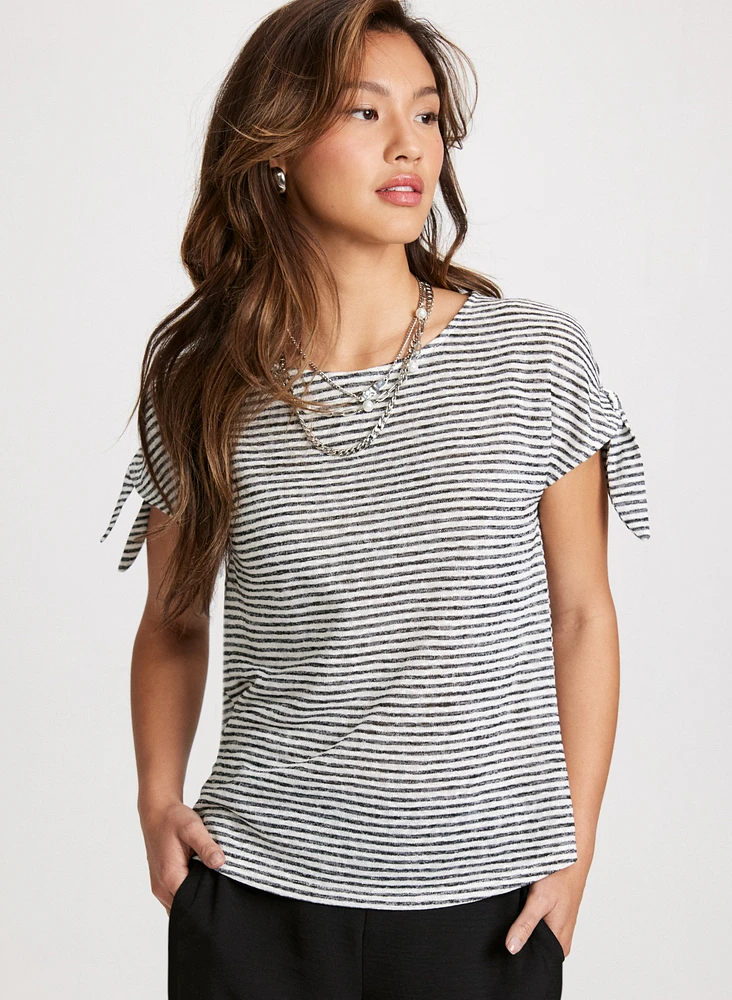 Knotted Sleeve Striped T-Shirt