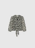 Leaf Print Tie-Front Blouse