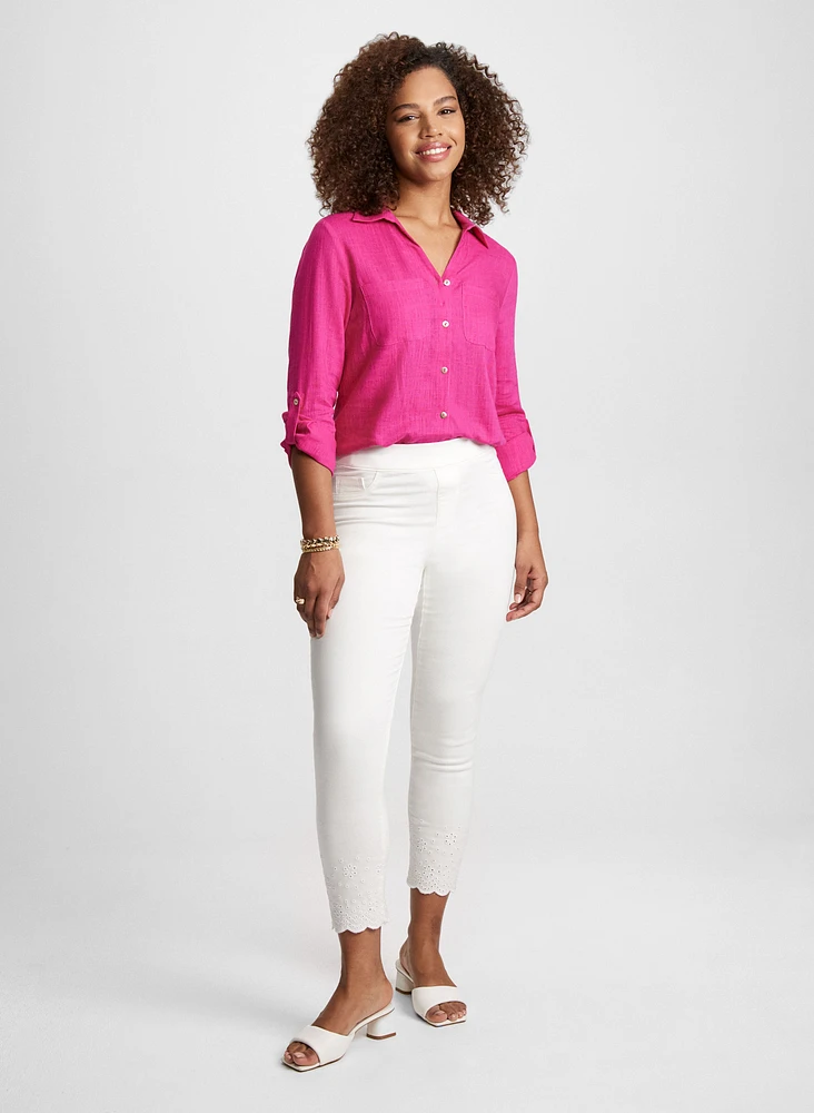 Linen-Blend Roll-Up Sleeve Blouse