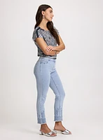 Pull-On Embroidered Hem Jeans