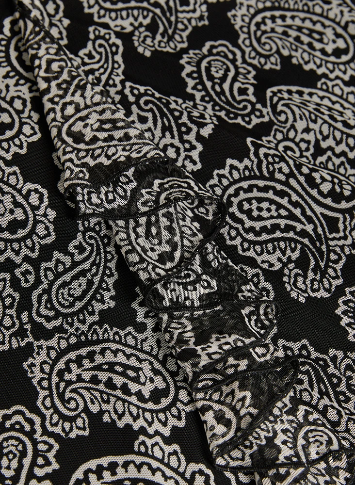 Paisley Print Mesh Sleeve Top