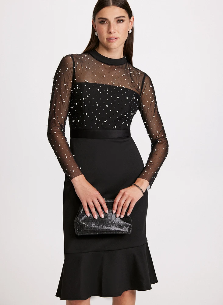 Pearl Embellished Mesh Detail Dress