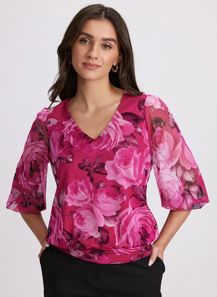Mesh Rose Print Top
