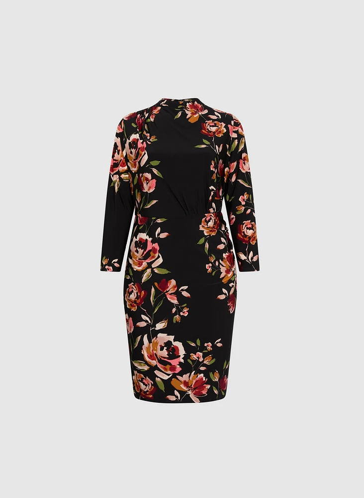 Floral Placement Mock Neck Dress