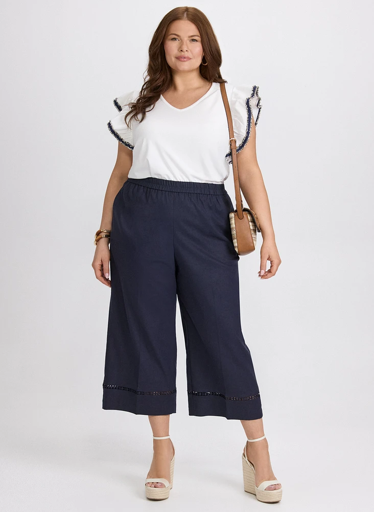 Capri à jambe large en mélange de lin