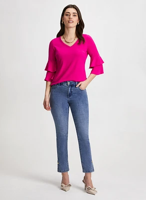 Ruffle Sleeve V-Neck Top & Button Hem Jeans
