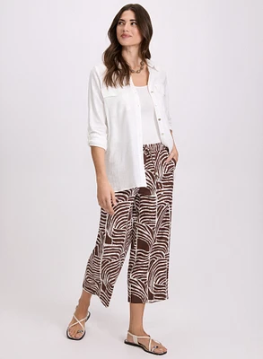 Abstract Linen-Blend Capris & Button-Down Blouse
