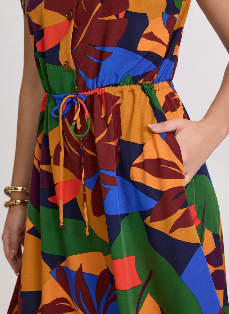 Tropical Drawstring Waist Dress