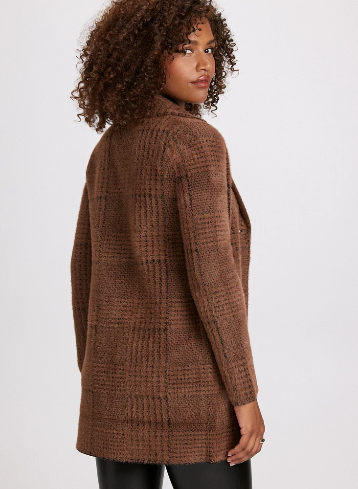 Button-Up Plaid Print Coatigan