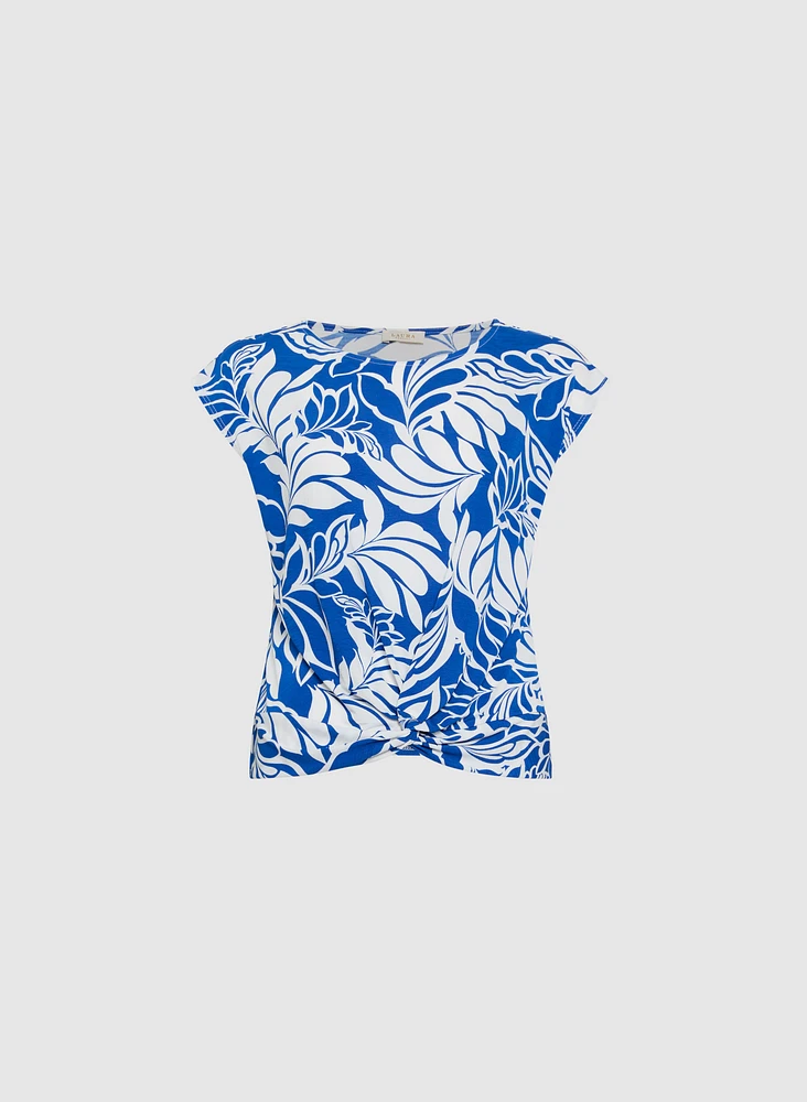 T-shirt à effet noué et motif feuilles
