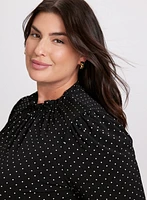 Polka Dot Pleated Mock Neck Top