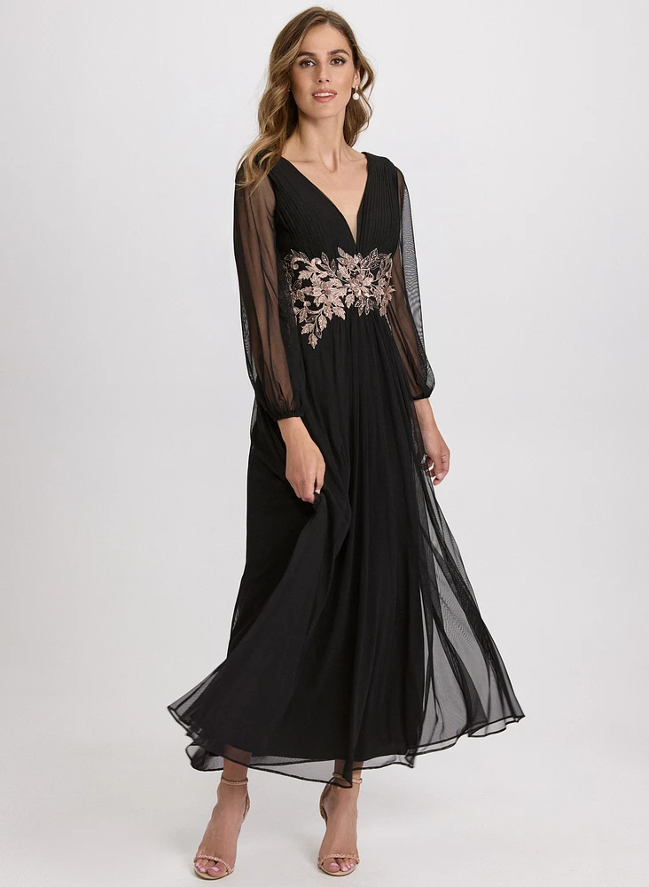 Metallic Floral Appliqué Dress