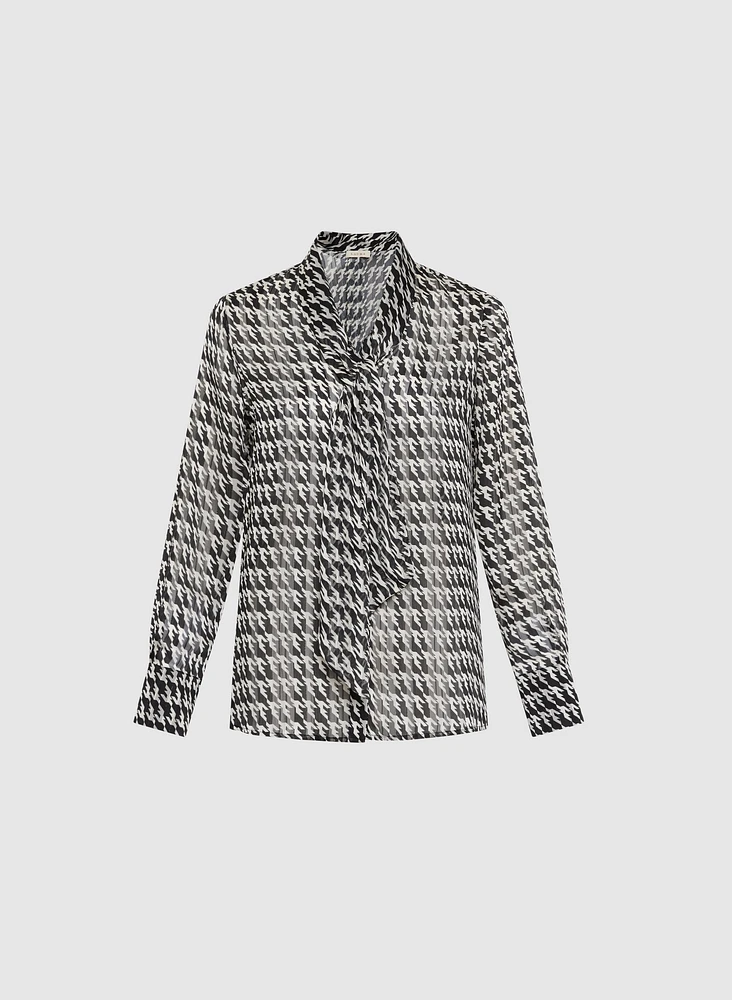 Houndstooth Print Chiffon Blouse