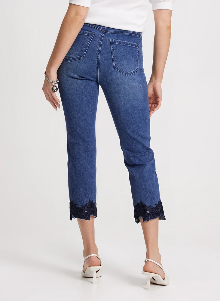 Embroidered Hem Straight Leg Jeans
