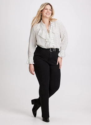 Blouse à motif pois et jean à détails de pierres