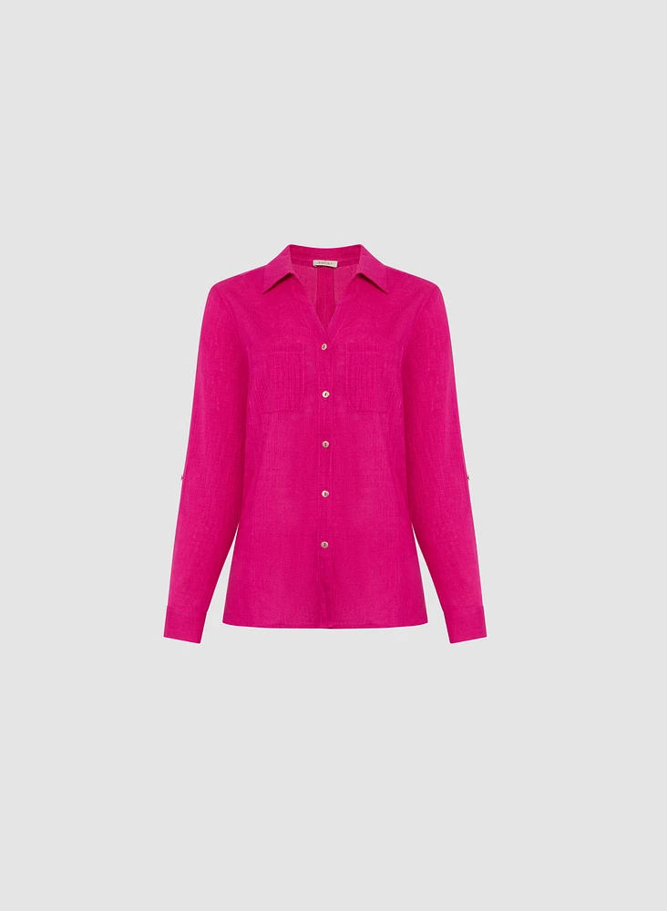 Linen-Blend Roll-Up Sleeve Blouse