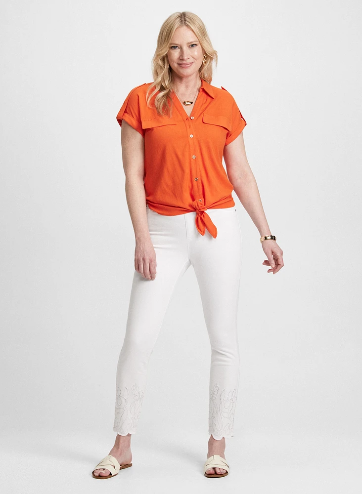 Embroidered Hem Pull-On Jeans