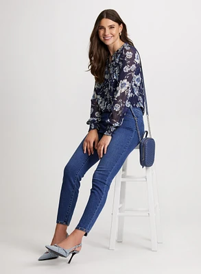 Jacquard Mixed Motif Blouse & Pull-On Slim Leg Jeans