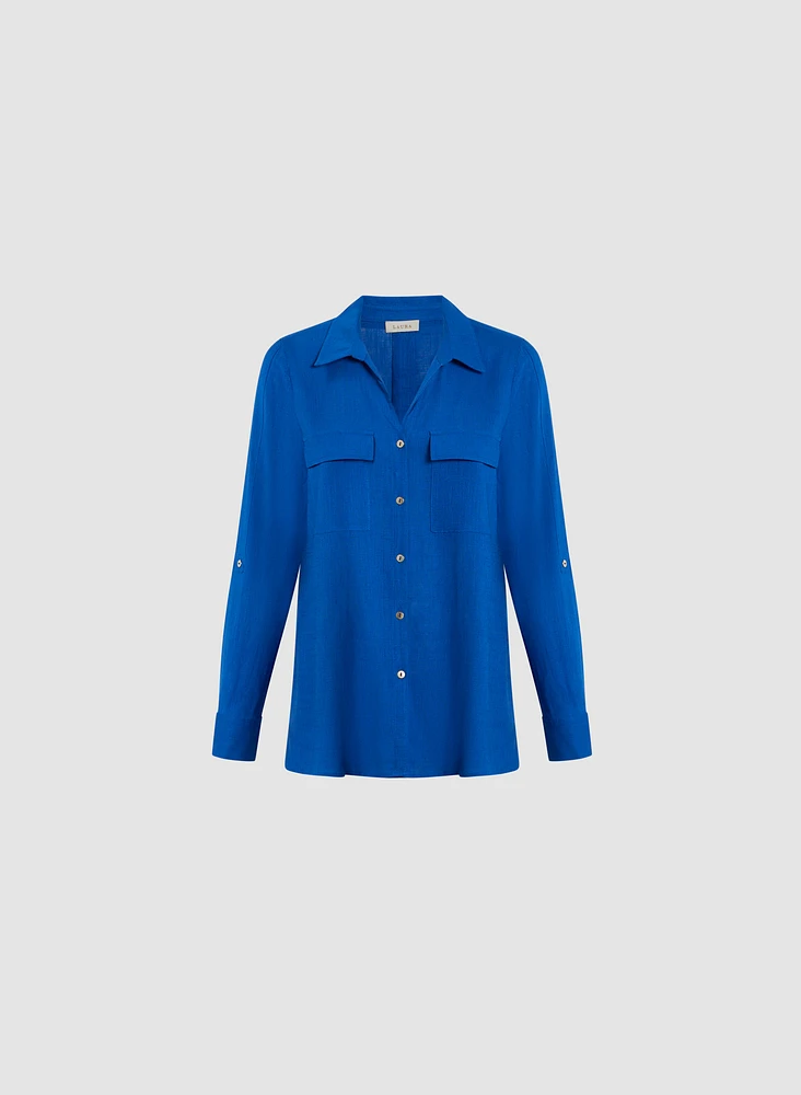 Blouse à manches roulées en mélange de lin