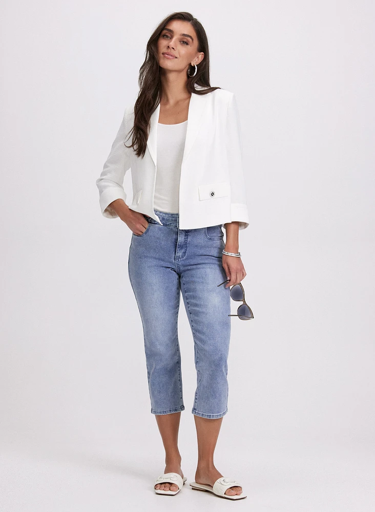 Short Notch Collar Jacket & Braided Trim Denim Capris