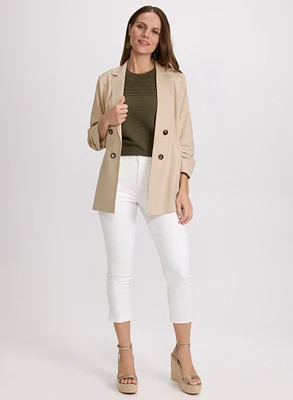 Linen-Blend Blazer & Crochet Trim Denim Capris