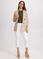 Linen-Blend Blazer & Crochet Trim Denim Capris