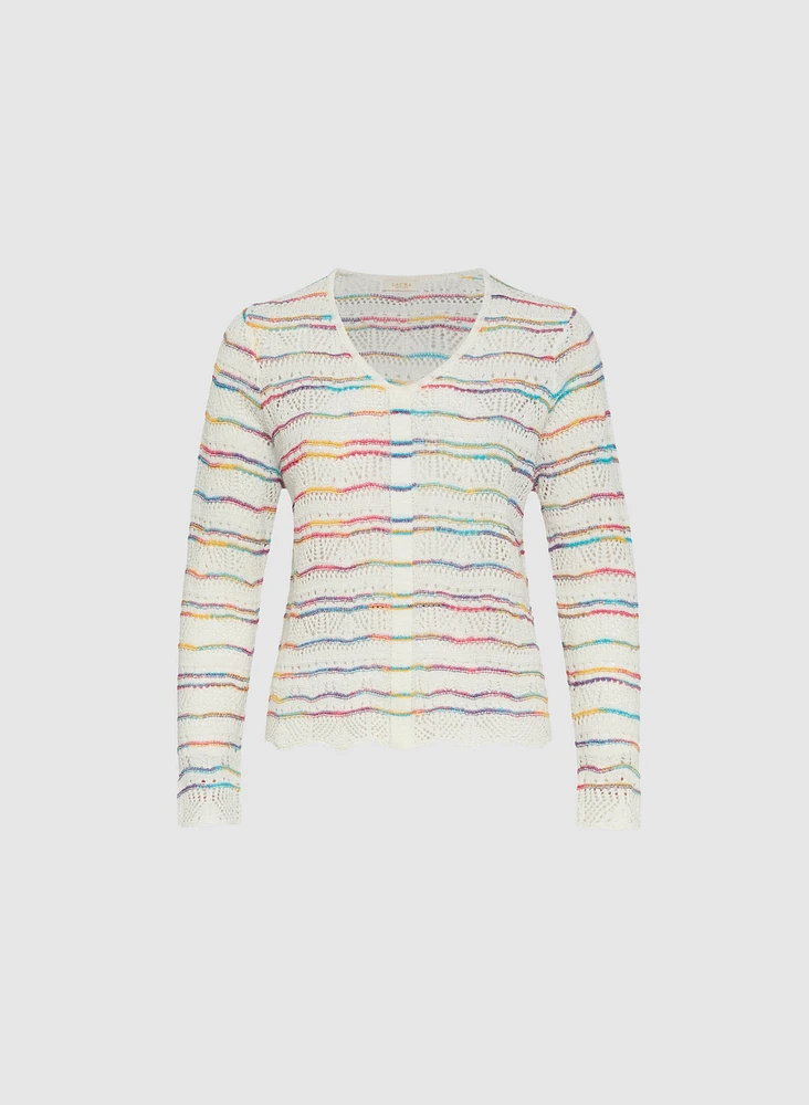 Multi-Striped Pointelle Knit Sweater
