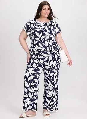 Leaf Print Top & Printed Wide-Leg Pants
