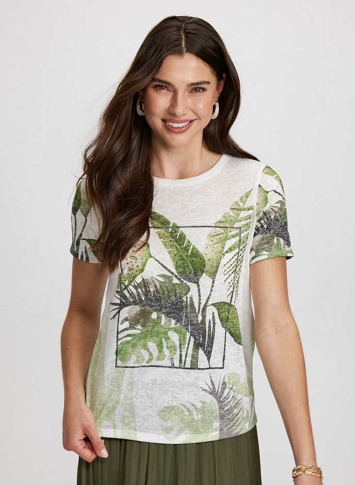 Tropical Print Burnout T-Shirt