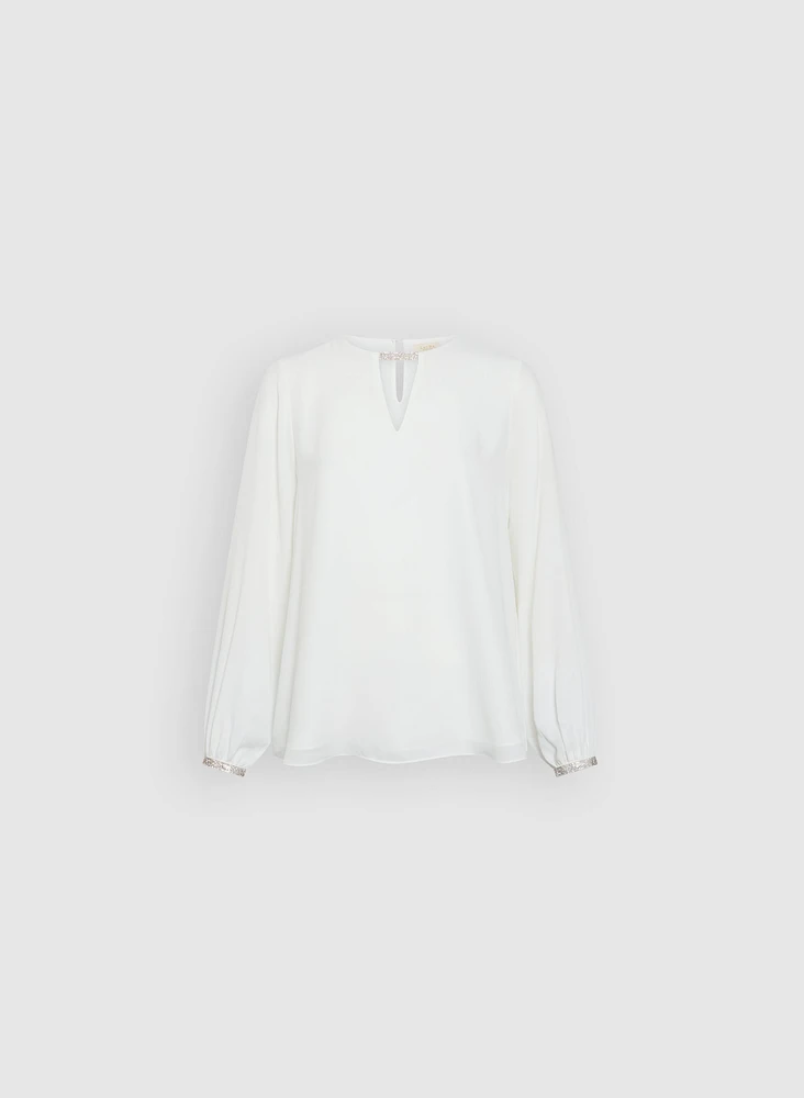 Rhinestone Embellished Keyhole Blouse