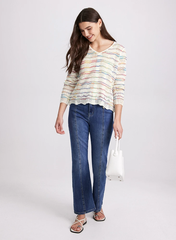 Multi-Striped Pointelle Knit Sweater
