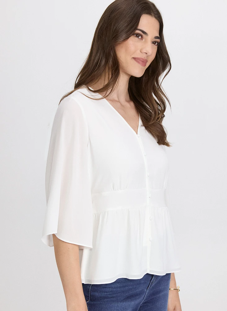 Flare Sleeve Button-Down Blouse