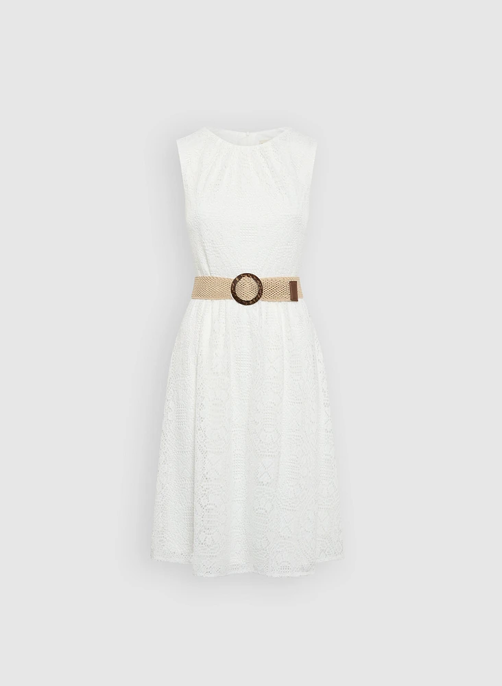 Belted Fit-&-Flare Crochet Dress