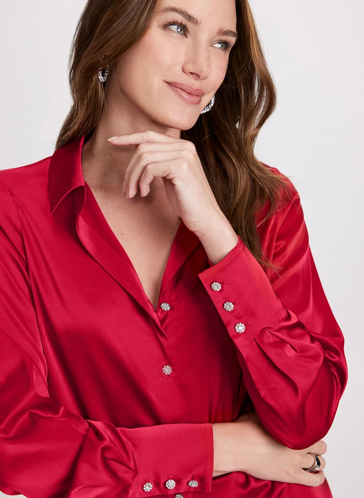 Satin Rhinestone Button Blouse