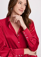 Satin Rhinestone Button Blouse