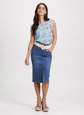 Tied-Hem Mosaic Print Top & Slit-Hem Denim Midi Skirt