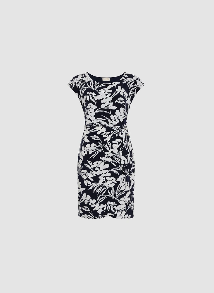 Side-Tucked Leaf Print Dress