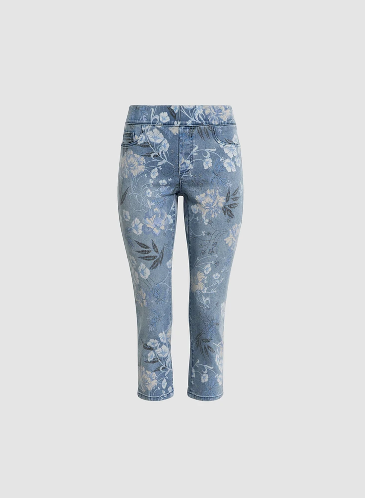Floral Pattern Pull-On Jeans
