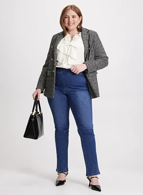 Knit Houndstooth Jacket & Embellished Slit Hem Jeans