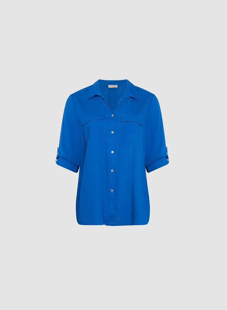 Blouse à manches roulées en mélange de lin
