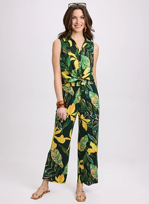 Sleeveless Palm Print Blouse & Printed Wide-Leg Pants