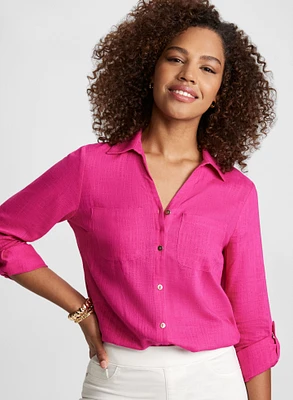Blouse en mélange de lin avec manches repliables